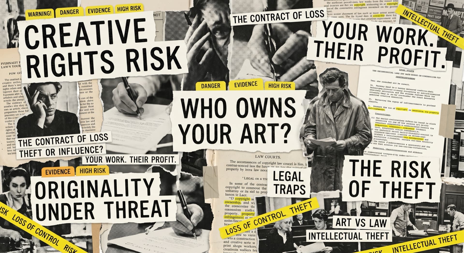 Creative rights risk editorial collage