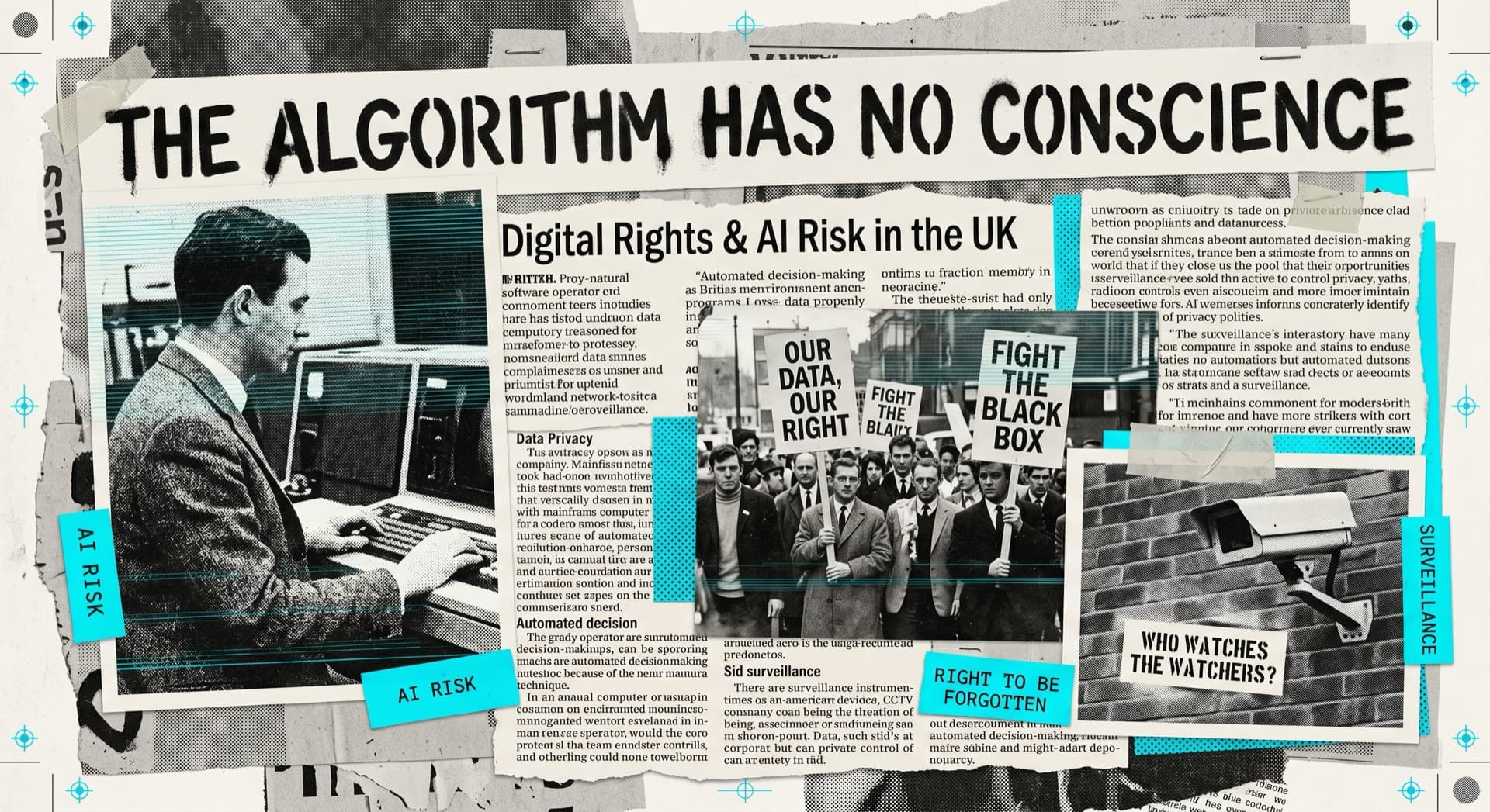 AI and data rights editorial collage